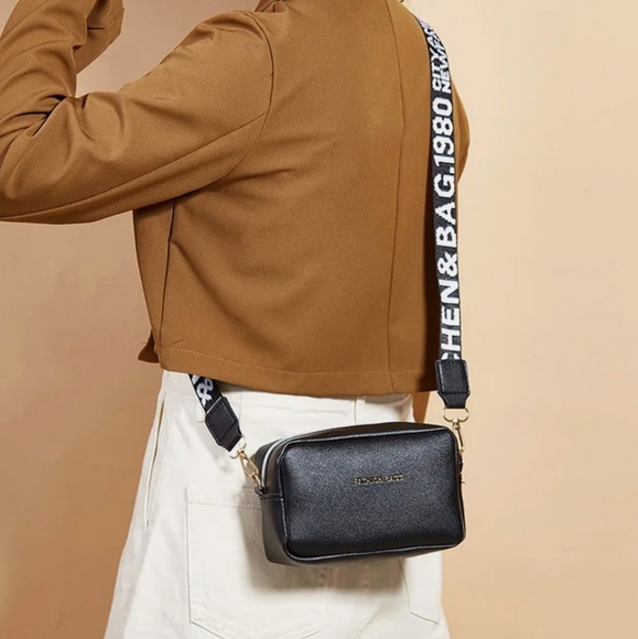 unknown Handbags - Square Mini Black Crossbody Bag with Logo Strap NEW
